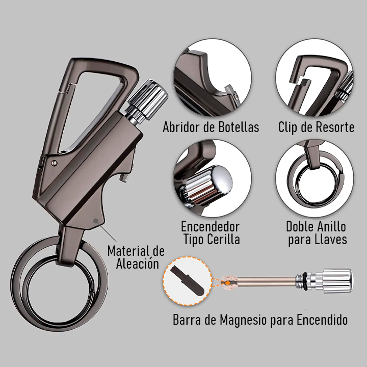 LLAVERO MULTIHERRAMIENTA CON ENCENDEDOR DE PEDERNAL Y MOSQUETÓN TÁCTICO / PAGO CONTRA ENTREGA